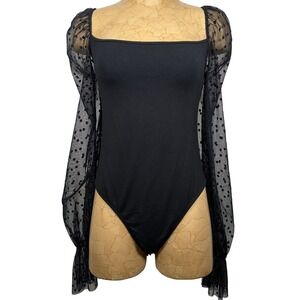 Black Swiss Polka Dot Sheer Mesh Long Sleeve Bodysuit XL Square Neck Whimsigoth